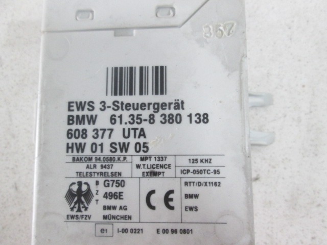 CONTROL CAR ALARM OEM N. 8380138 ORIGINAL PART ESED BMW SERIE 5 E39 BER/SW (1995 - 08/2000) DIESEL 25  YEAR OF CONSTRUCTION 1998