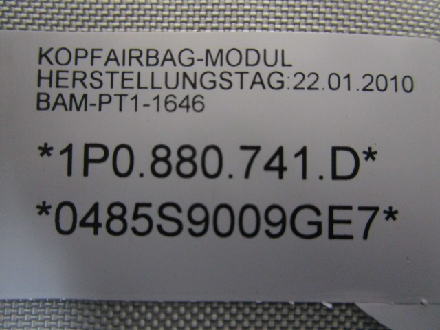 HEAD AIRBAG, LEFT OEM N. 1P0880741D ORIGINAL PART ESED SEAT LEON 1P1 (2005 - 2012) BENZINA/GPL 16  YEAR OF CONSTRUCTION 2010
