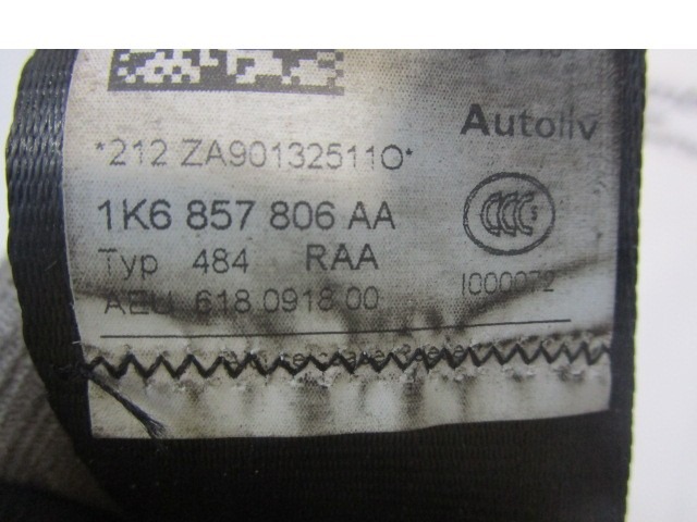 SEFETY BELT OEM N. 618019000 1K6857806AA ORIGINAL PART ESED VOLKSWAGEN GOLF MK6 (2008-2012) BENZINA 14  YEAR OF CONSTRUCTION 2012