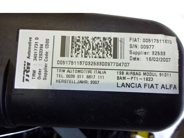 KIT COMPLETE AIRBAG OEM N. 22546 KIT AIRBAG COMPLETO ORIGINAL PART ESED FIAT BRAVO 198 (02/2007 - 01/2011) BENZINA 14  YEAR OF CONSTRUCTION 2007