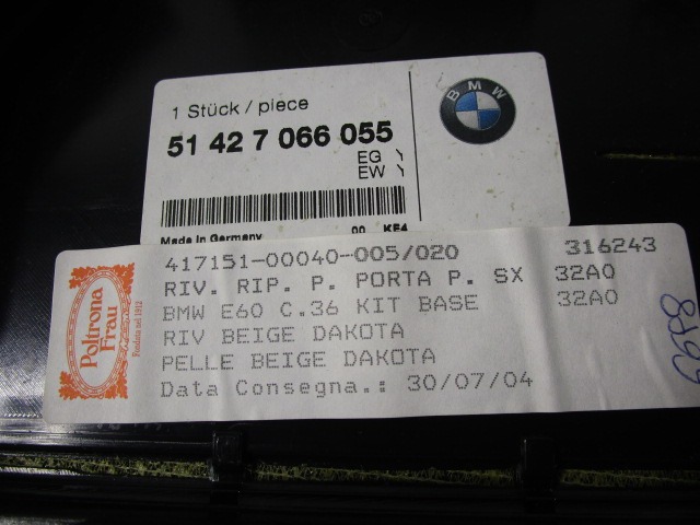 DOOR TRIM PANEL OEM N. 17292 PANNELLO INTERNO PORTA POSTERIORE ORIGINAL PART ESED BMW SERIE 5 E60 E61 (2003 - 2010) DIESEL 30  YEAR OF CONSTRUCTION 2004