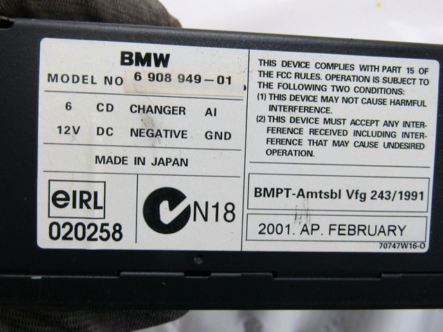 CD CHANGER OEM N. 6908949 ORIGINAL PART ESED BMW SERIE X5 E53 (1999 - 2003)BENZINA 30  YEAR OF CONSTRUCTION 2001