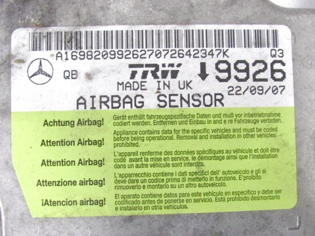 KIT COMPLETE AIRBAG OEM N. A1698209926 ORIGINAL PART ESED MERCEDES CLASSE A W169 5P C169 3P (2004 - 04/2008) DIESEL 20  YEAR OF CONSTRUCTION 2007