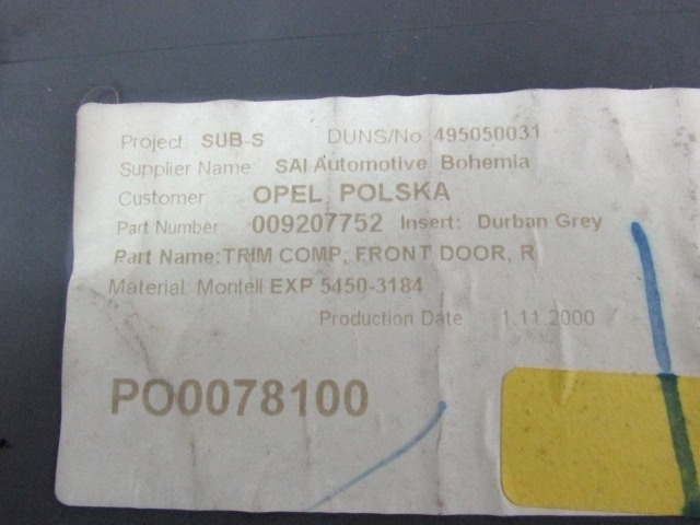 FRONT DOOR PANEL OEM N. 13995 PANNELLO INTERNO PORTA ANTERIORE ORIGINAL PART ESED OPEL AGILA A (2000 - 2008) BENZINA 12  YEAR OF CONSTRUCTION 2001