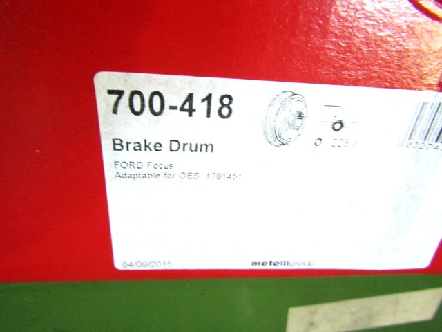 BRAKE DRUM OEM N. 1781451 ORIGINAL PART ESED FORD FOCUS MK3 4P/5P/SW (2011 - 2014)DIESEL 16  YEAR OF CONSTRUCTION 2014