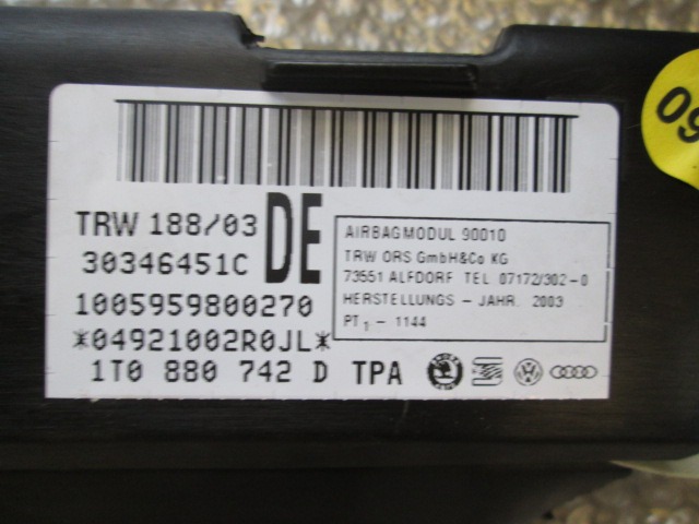 HEAD AIRBAG, RIGHT OEM N. 1T0880742 ORIGINAL PART ESED VOLKSWAGEN TOURAN 1T1 (2003 - 11/2006) DIESEL 19  YEAR OF CONSTRUCTION 2004