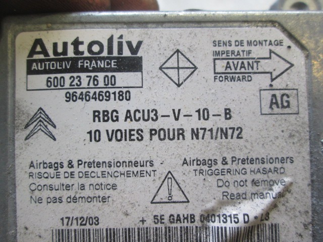 KIT COMPLETE AIRBAG OEM N. 96433644XT ORIGINAL PART ESED CITROEN XSARA (09/2000 - 2004) DIESEL 20  YEAR OF CONSTRUCTION 2004